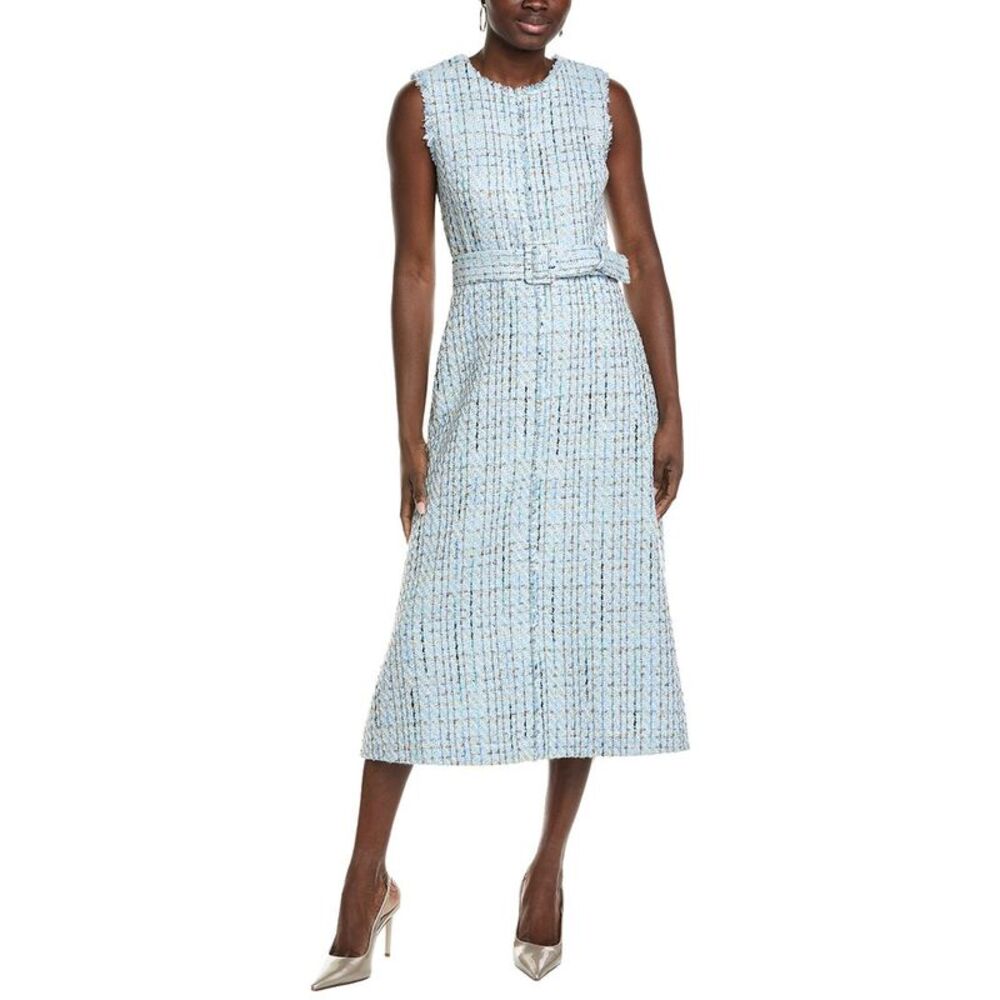 Anne Klein Womens Fringed Tweed Midi Dress, Blue - Picture 1 of 3